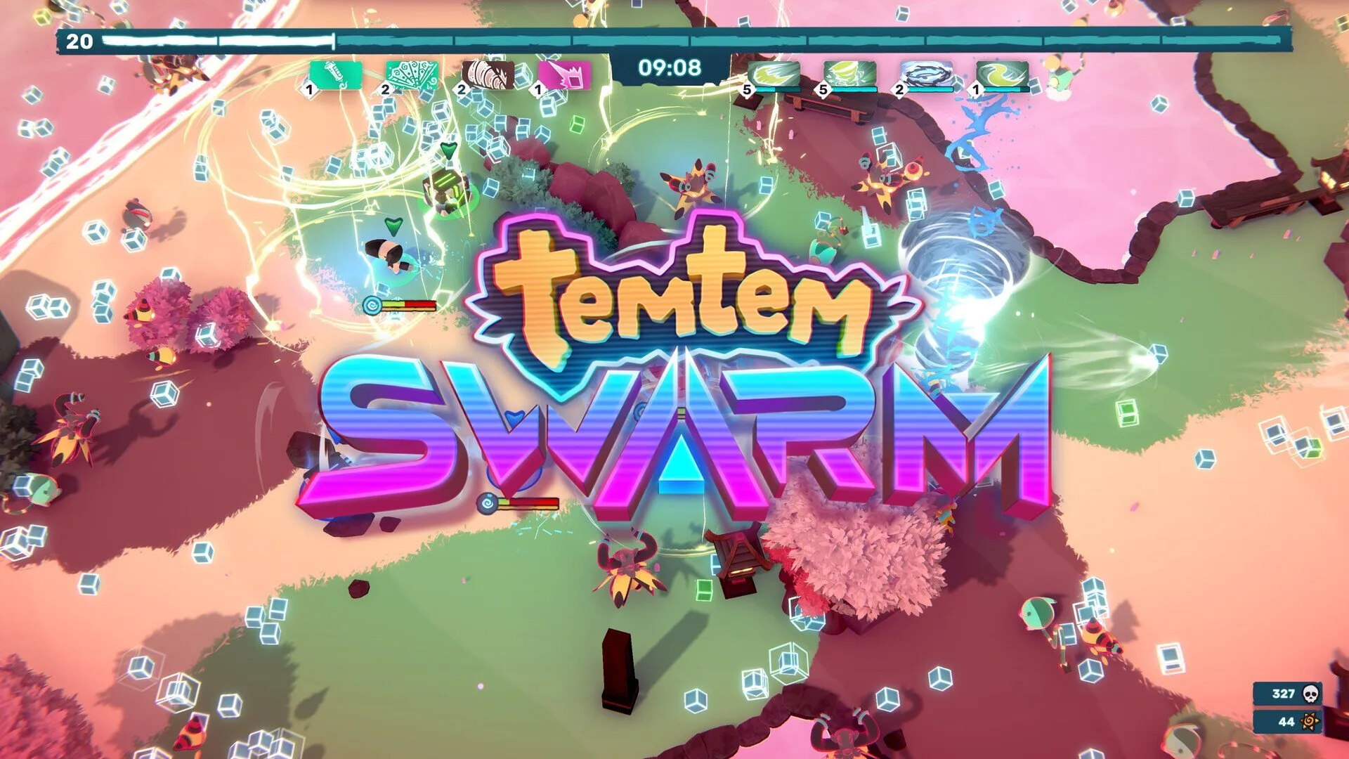 Temtem: Swarm -pelin kuvakaappaus näyttää olentoja ja taistelukaaosta