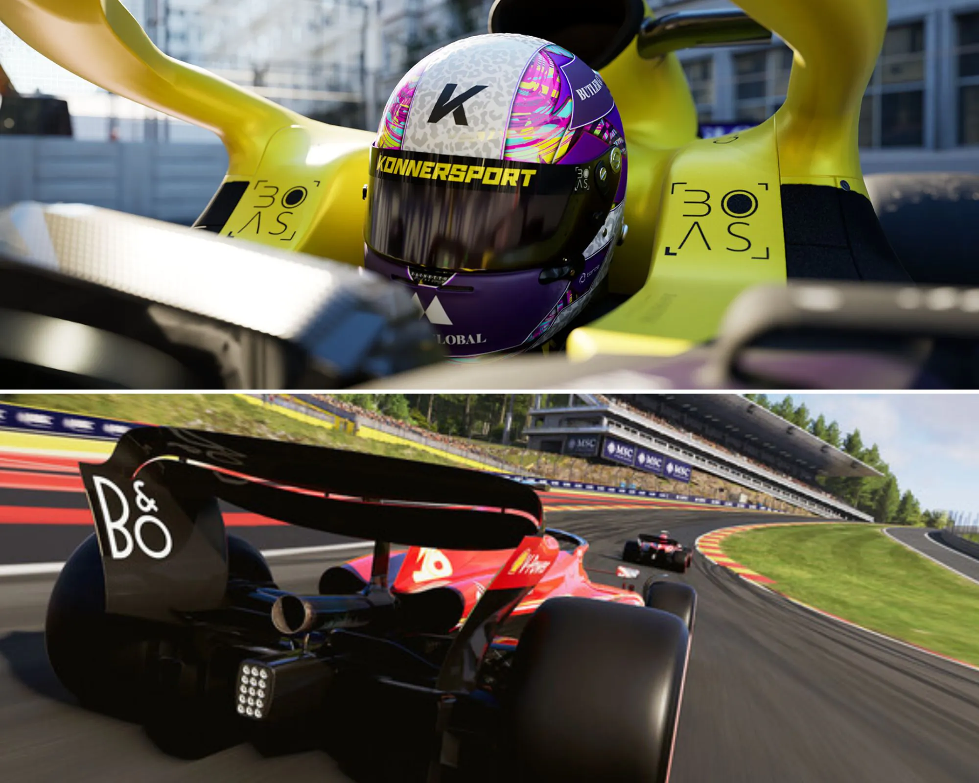 F1 23 driver in cockpit vs F1 24 rear view of a ferrari