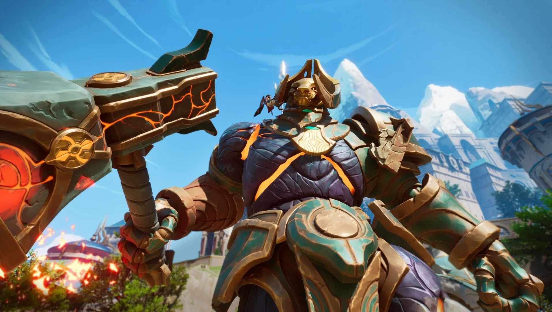 Ein riesiger, massiger Charakter mit einem Hammer im Action-Adventure-Spiel Eternal Strands.