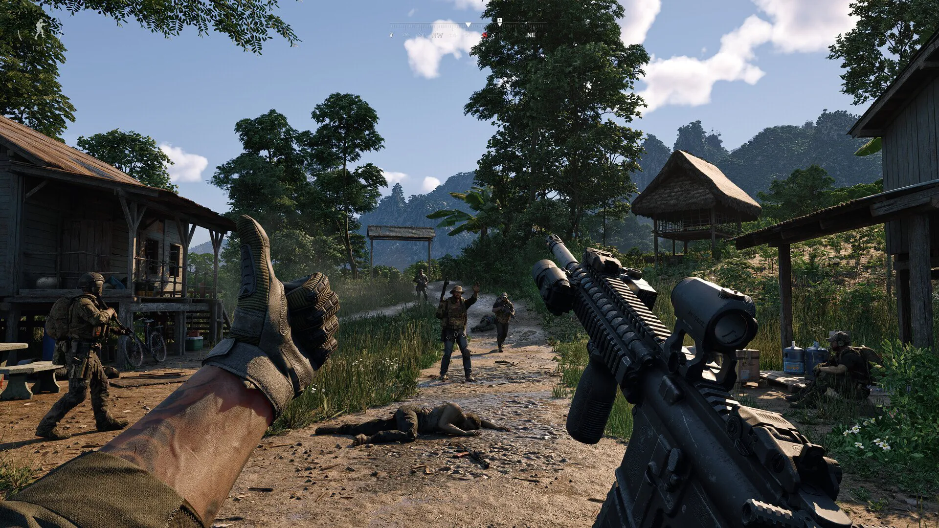 Soldiers in jungle village with raised weapons in Extraction Shooter game