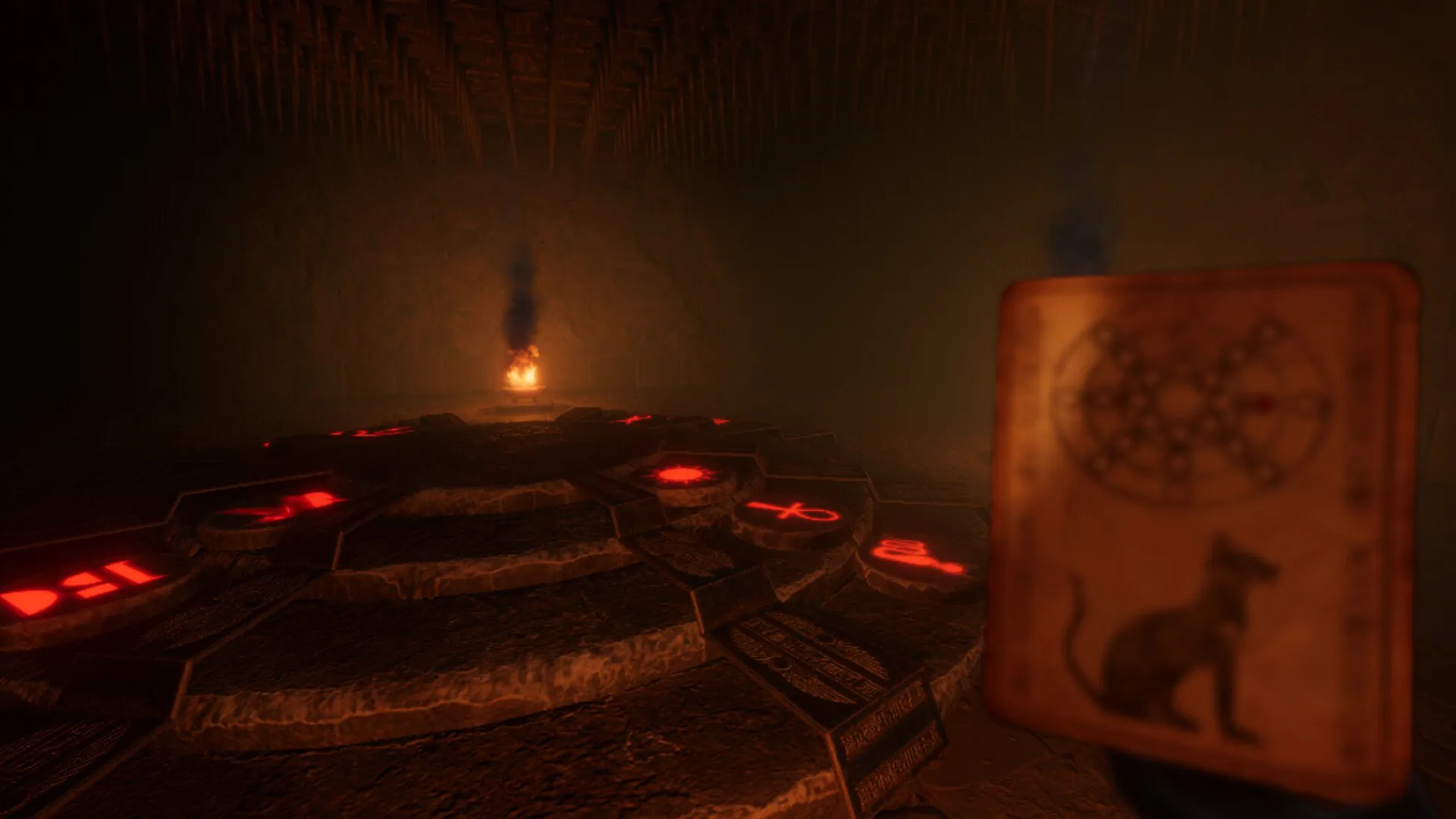 Holding a book within a temple in Co-Op horror game FOREWARNED