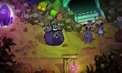 Tres extravagantes personajes del juego se encuentran en un entorno similar al de Rotwood.