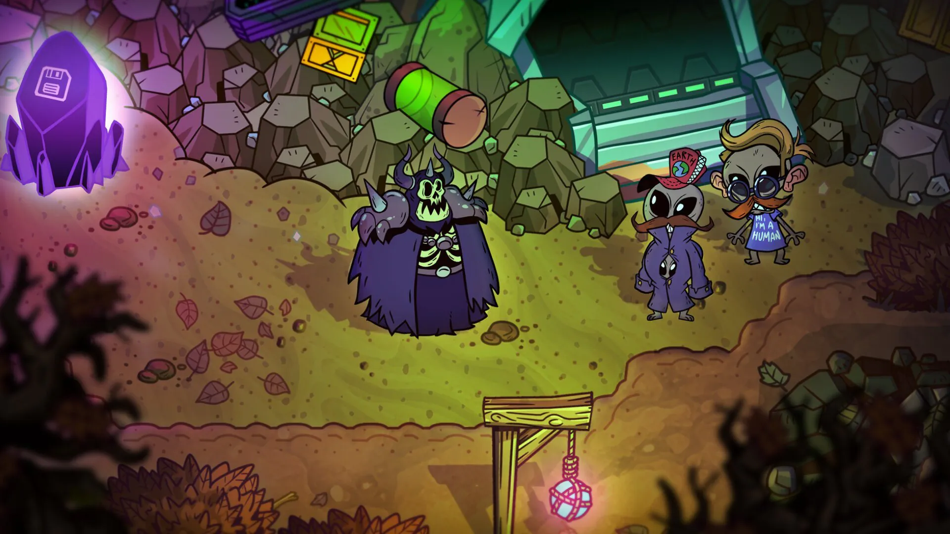 Three whimsical game characters stand in a Rotwood-like environment