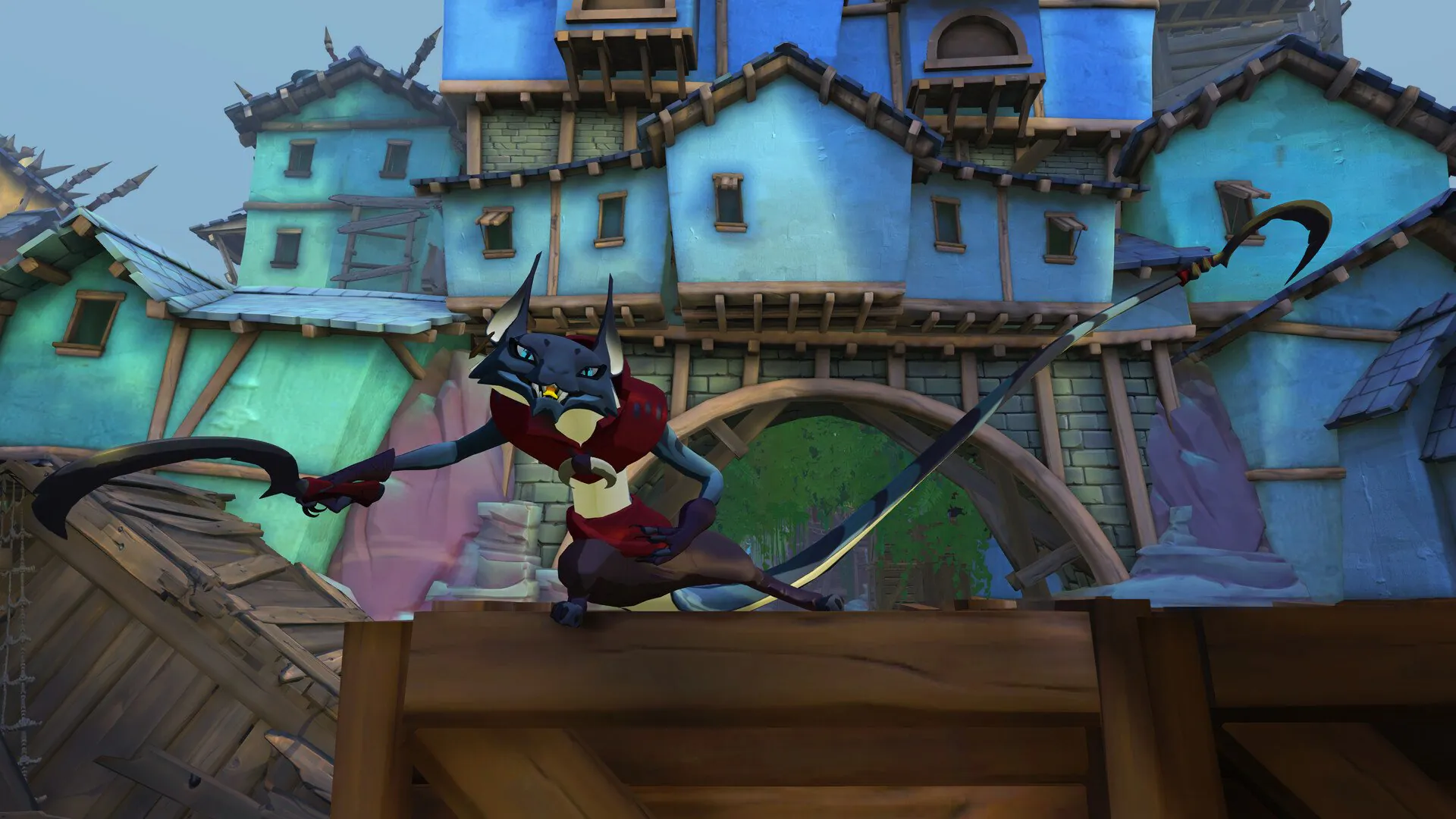 A cat character in a red scarf carrying dual swords in MOBA Gigantic Rampage Edition.