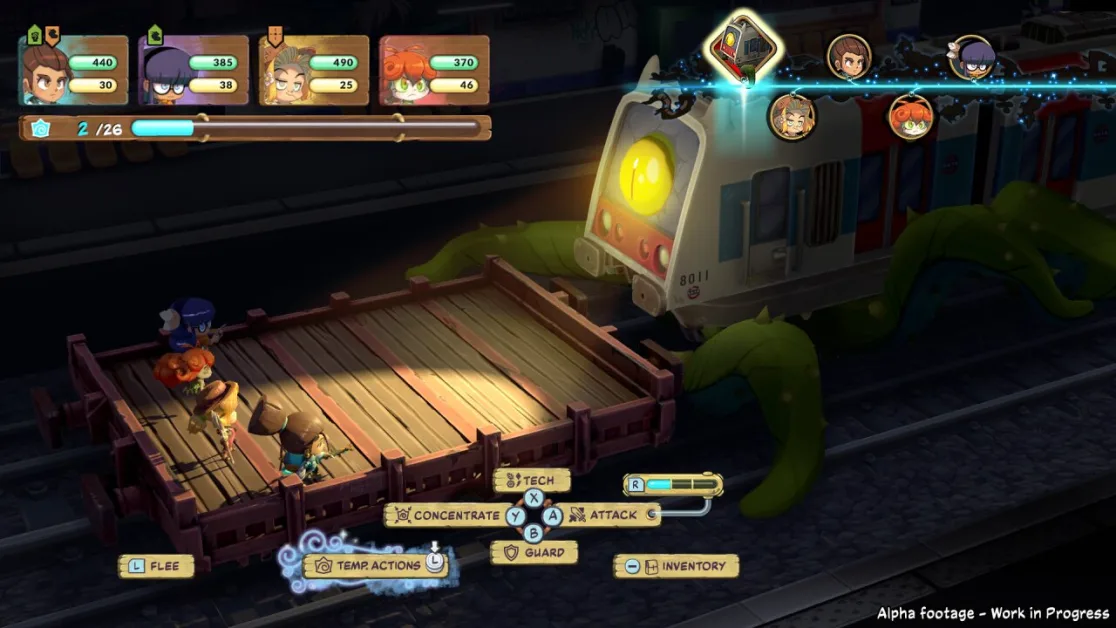 A train battles monsters in a turn-based strategy game