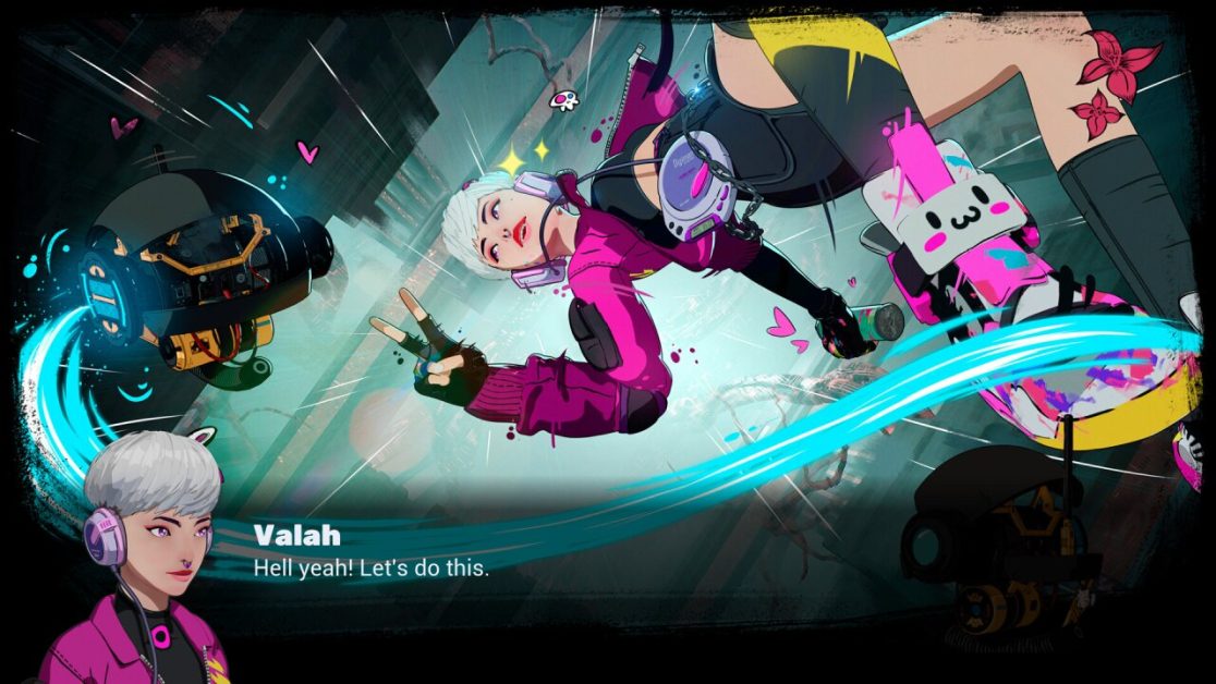 Animated character Valah exudes confidence with robots in stylized artwork