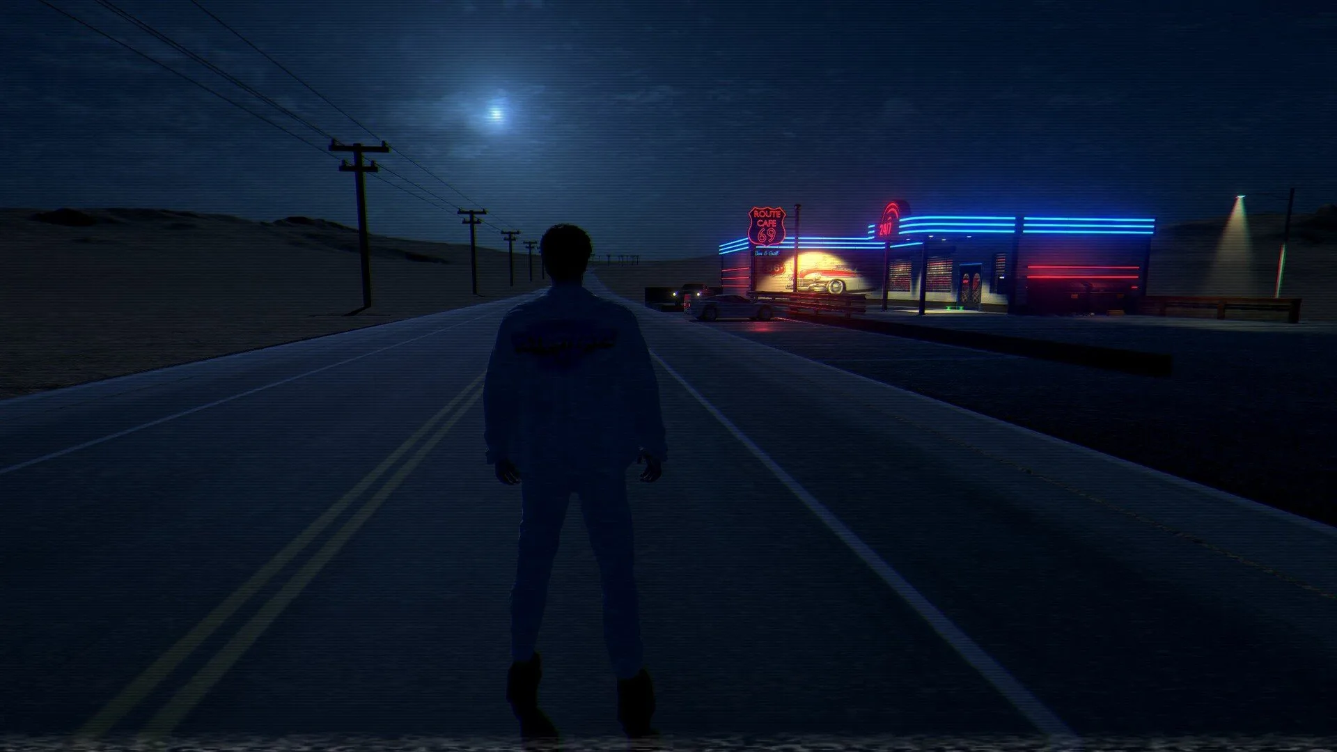 Character walking towards a diner