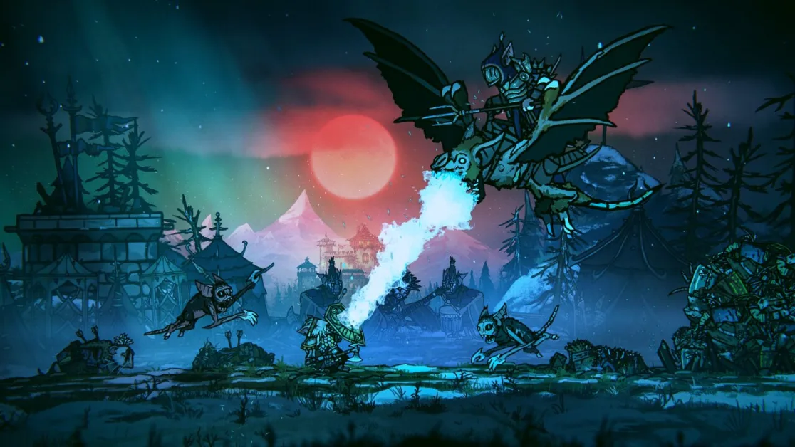 Armored bats battle rat warriors under a mystic aurora sky