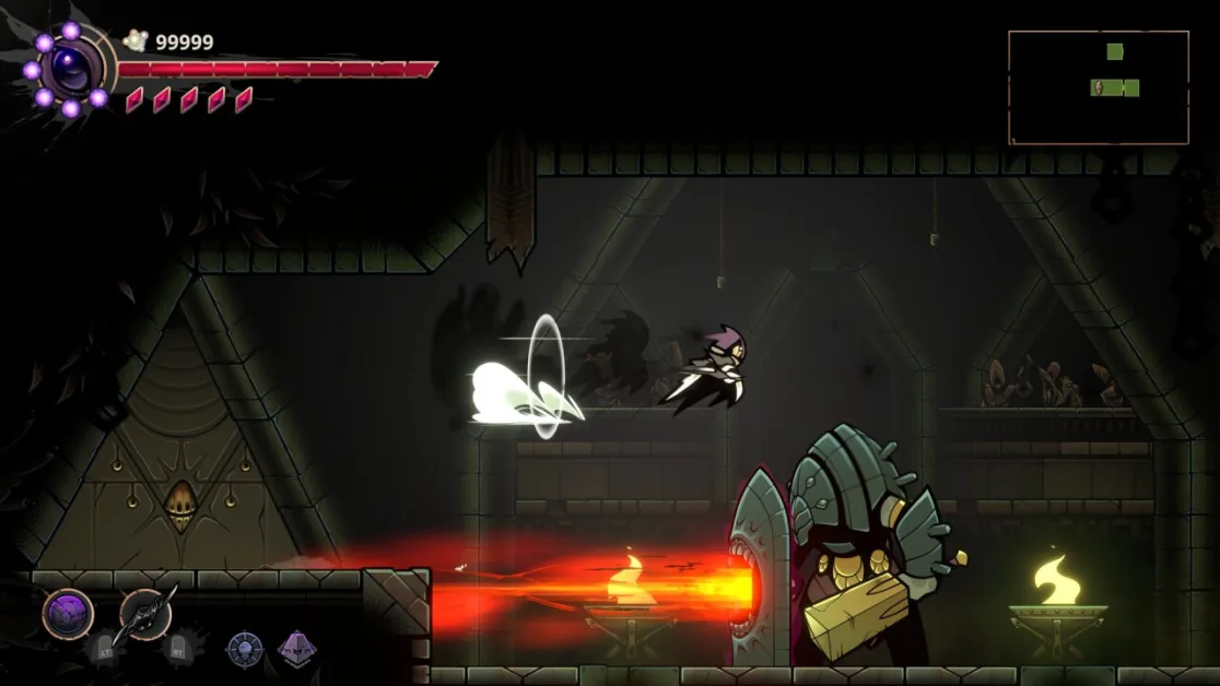 Player evades Voidwrought guardian&rsquo;s attack in shadowy dungeon chamber