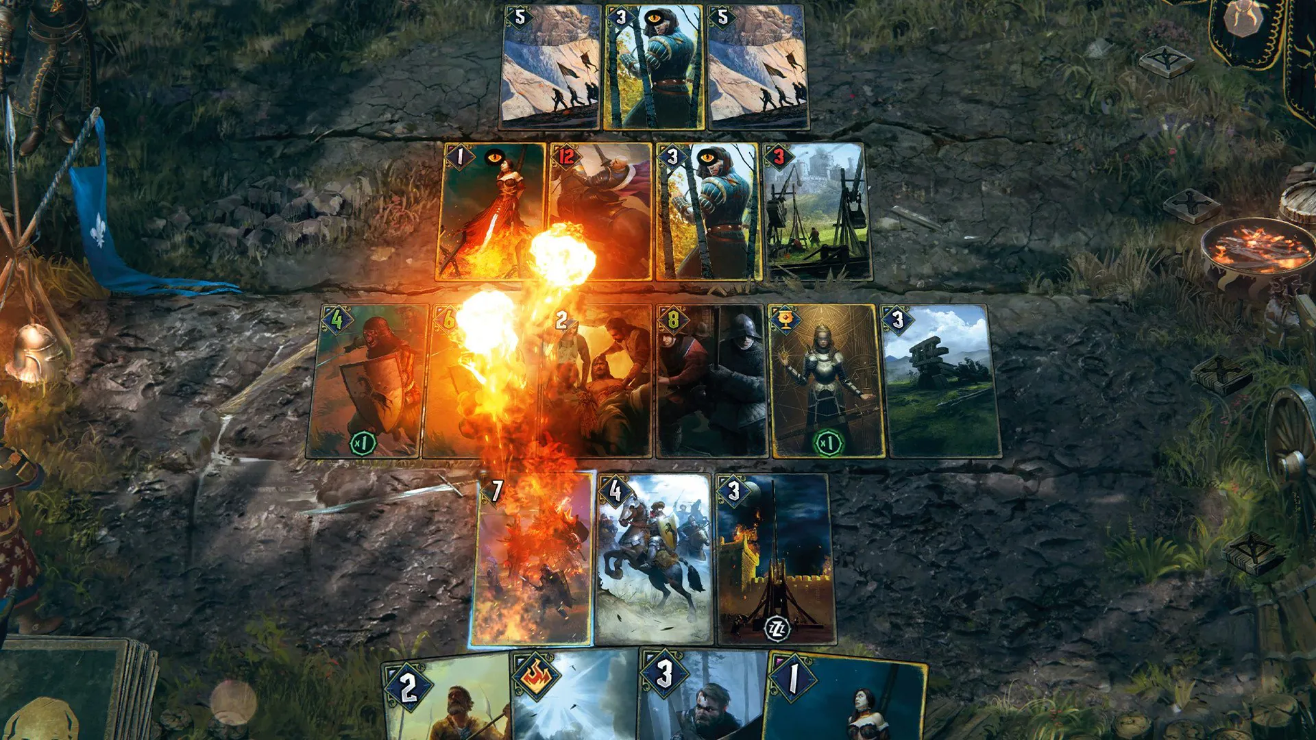 Fantasy card battle PC game with fiery explosion