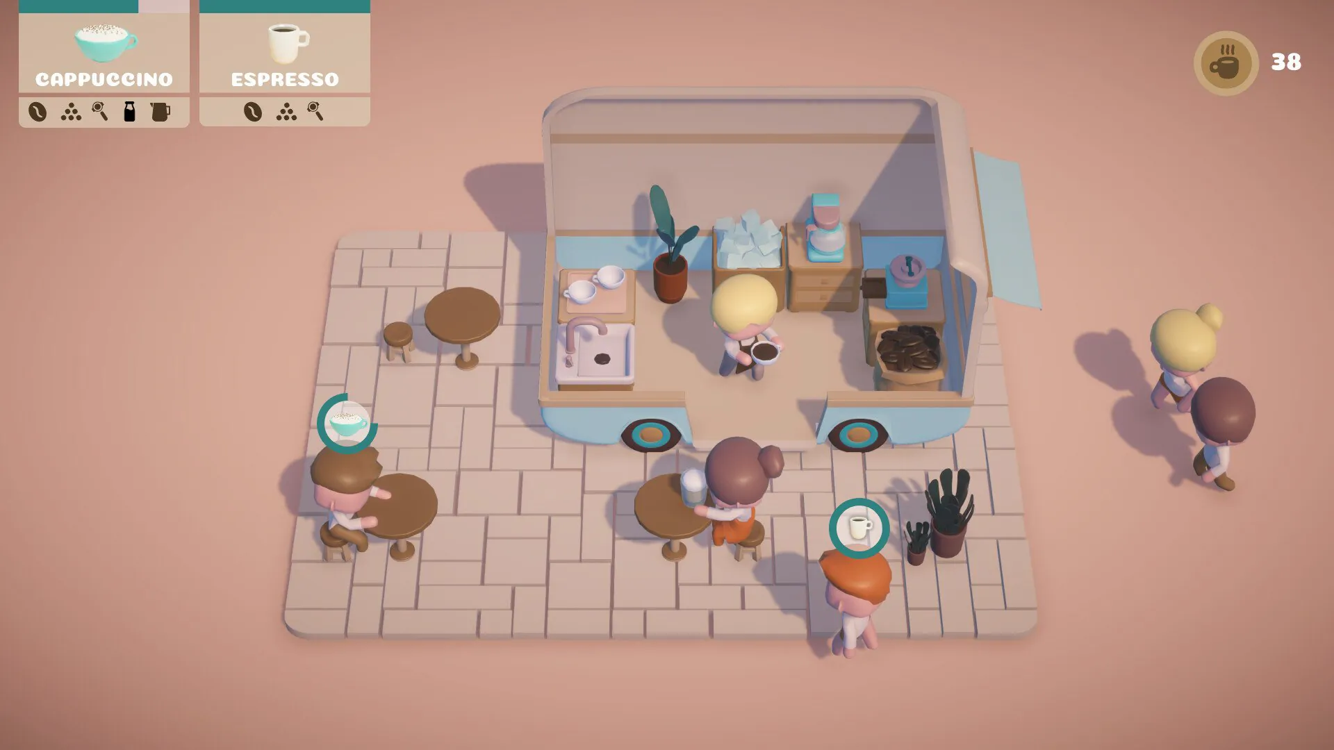 Selling Coffee in cozy management game Coffee Caravan.