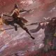 Il guerriero salta con l'ascia in un gioco come Morbid