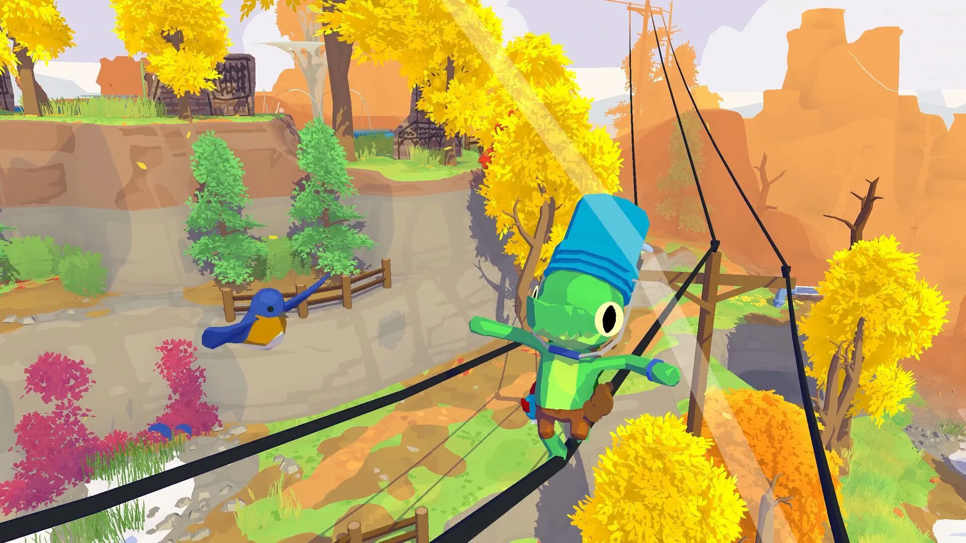 A game character ziplines in vibrant My Little Pony-like world