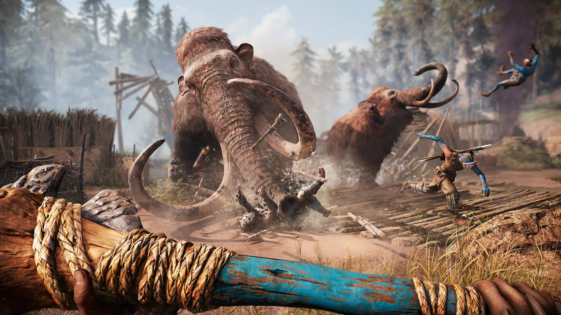 Mammoeten vallen krijgers aan in een prehistorisch spel zoals Soulmask