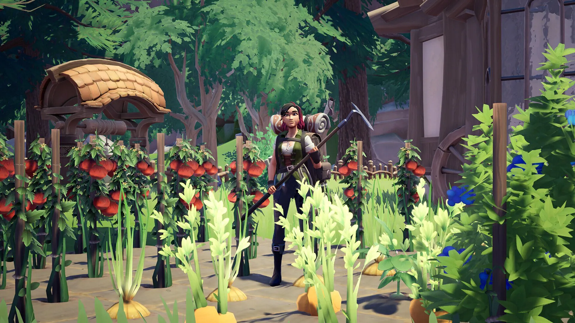 A game character tends a vibrant garden in Starsand Island