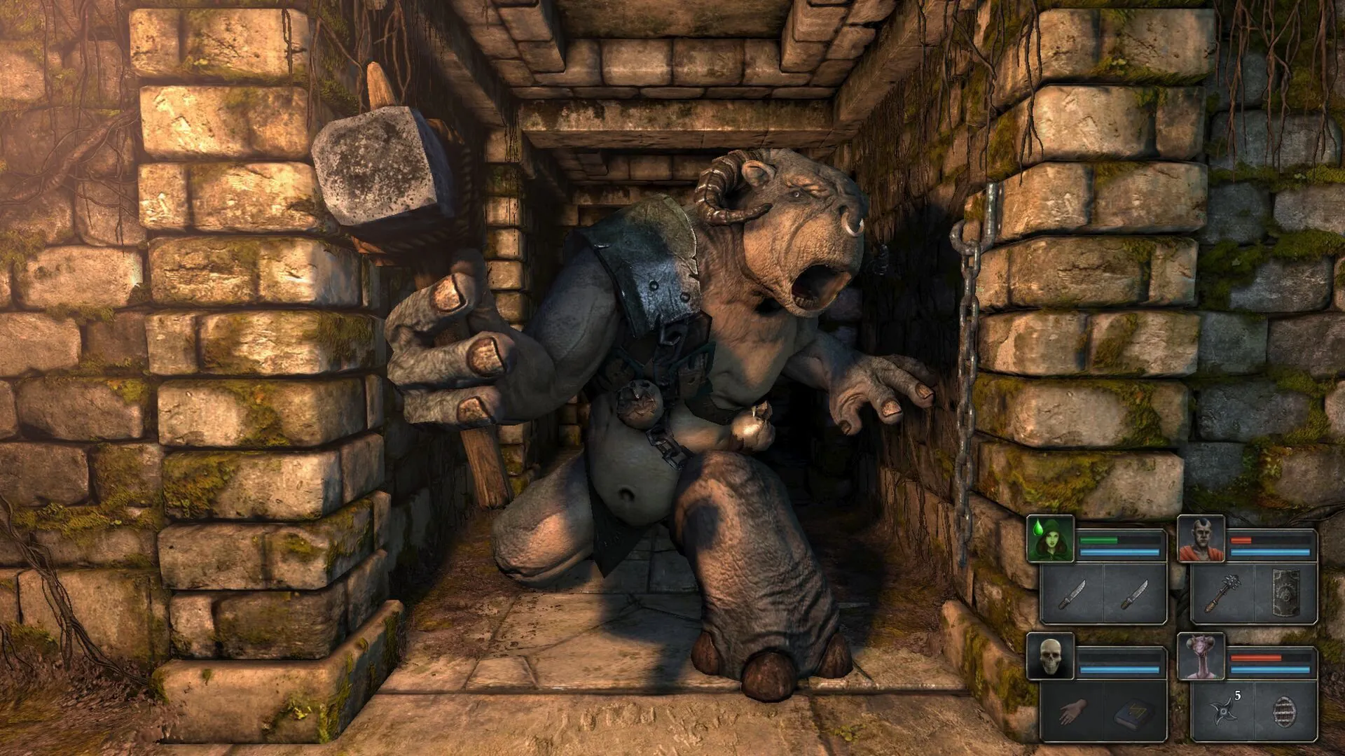 A troll blocks dungeon pathway menacingly in the game like Wizardry