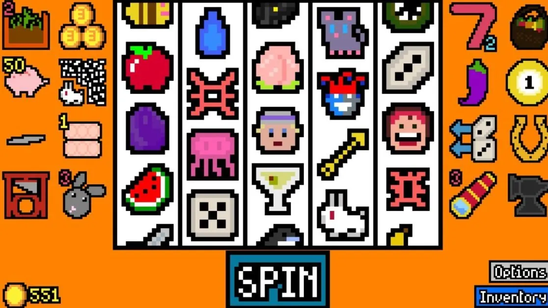 Pixel-art gokautomaat gameplay met iconen