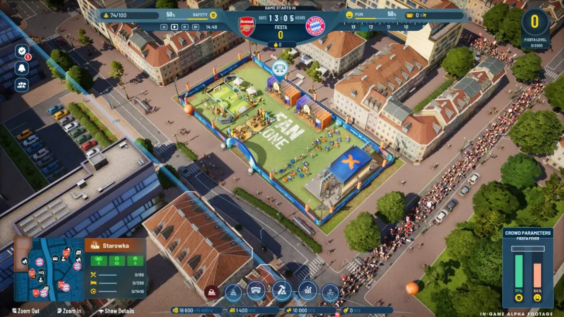 Football fan zone with activities and crowds in a city square