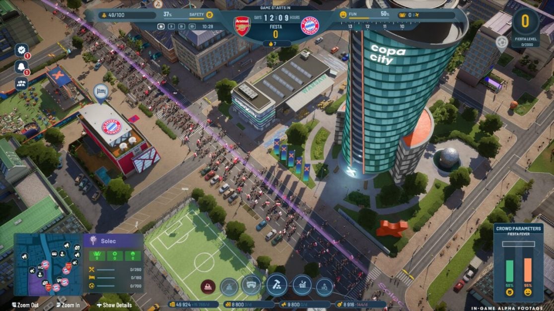 City scene with fan activities, high-rise building, and crowded streets