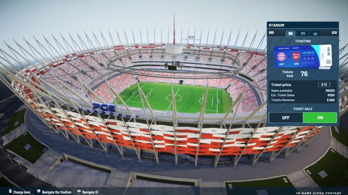 Modern stadium with ticketing information displayed for upcoming soccer match