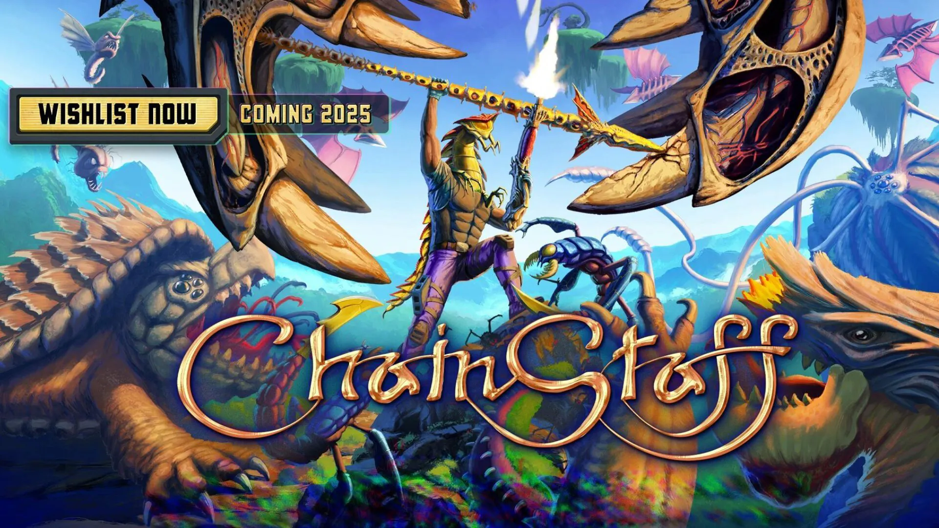 Warrior with a spear stands against alien creatures in ChainStaff