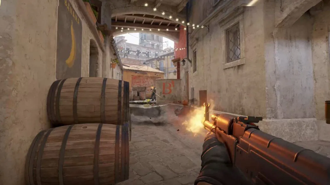 激しい路地での銃撃戦と樽をカバーにした FPS ゲーム