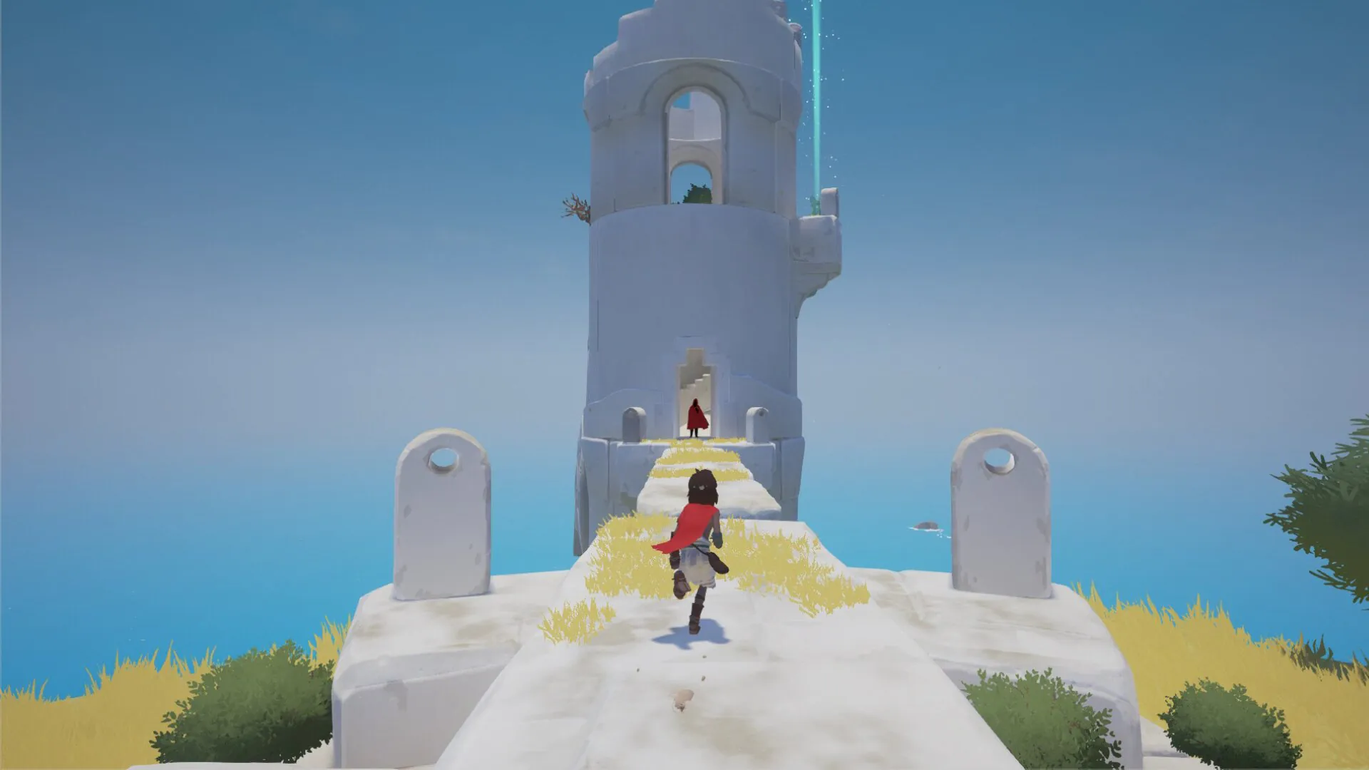Un personaje corriendo hacia una torre en un juego como Caravan SandWitch.