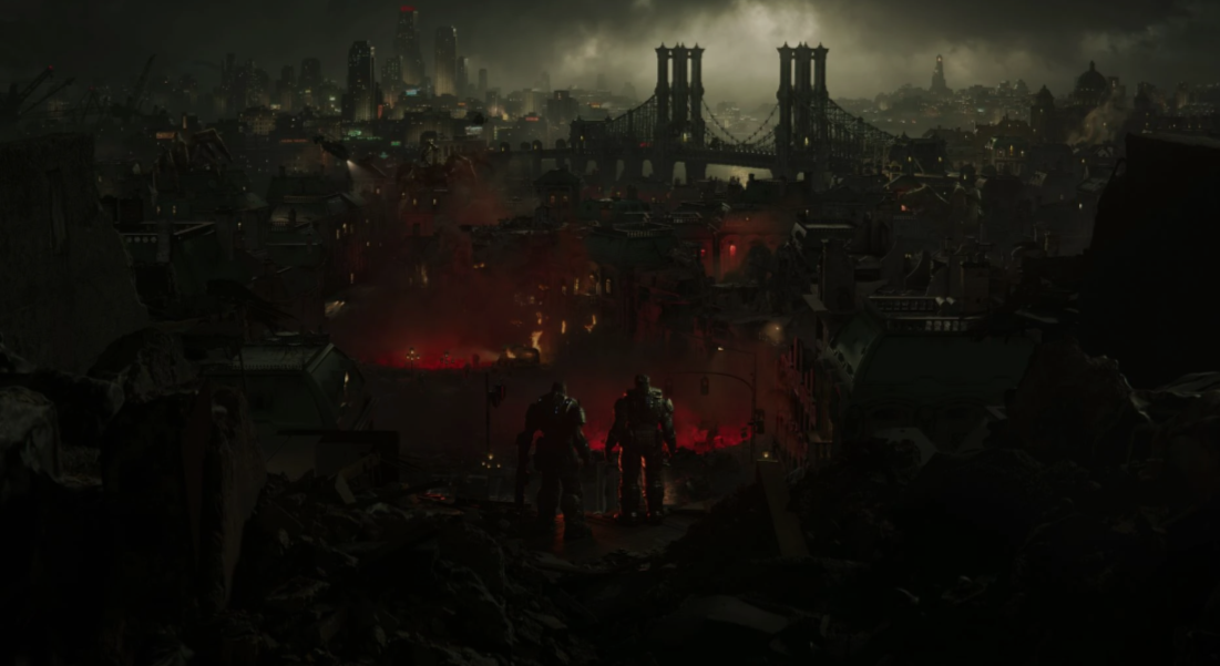 도시가 내려다보이는 마커스와 돔(Gears of War: E-Day)