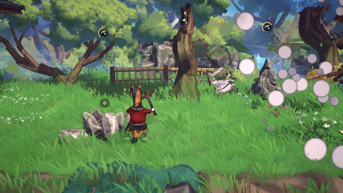 A character in a lush forest gathering resources near trees