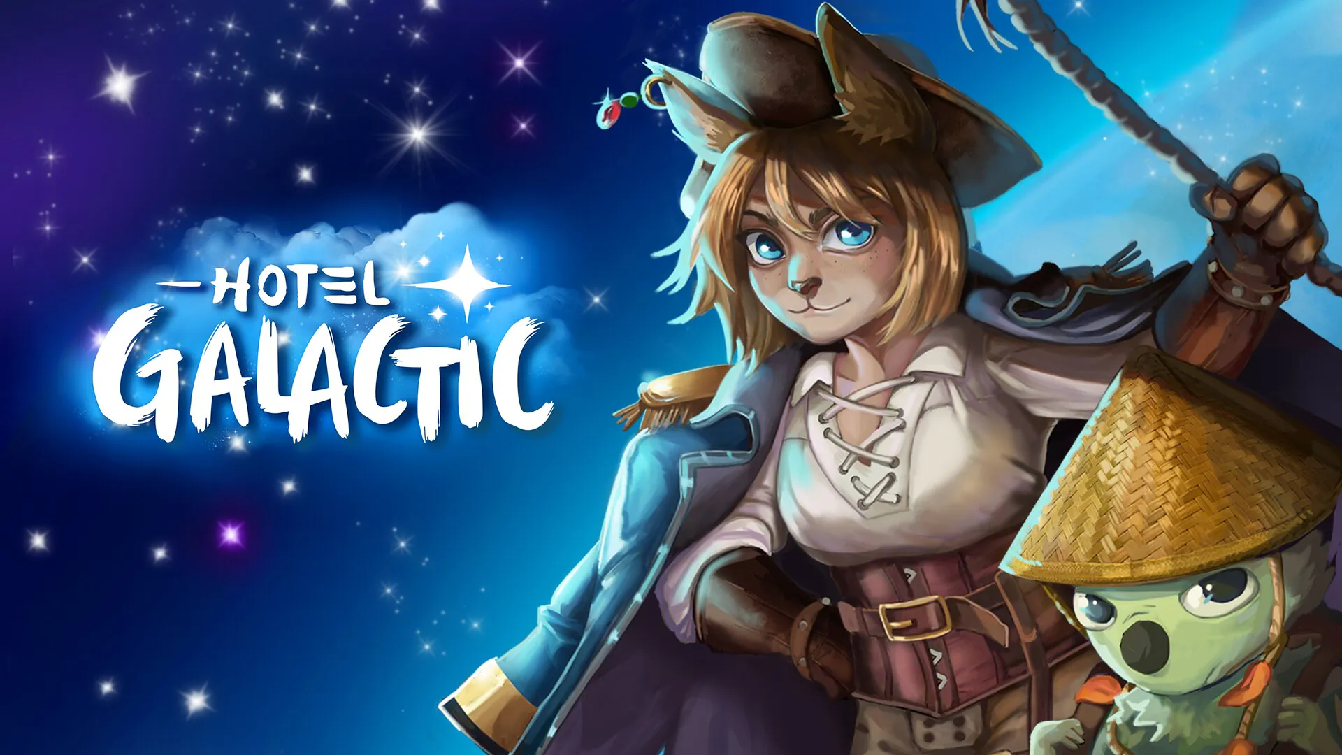 Hotel Galactic poster featuring a pirate cat and green alien