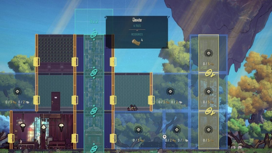 A partially constructed building with various resources and elevators