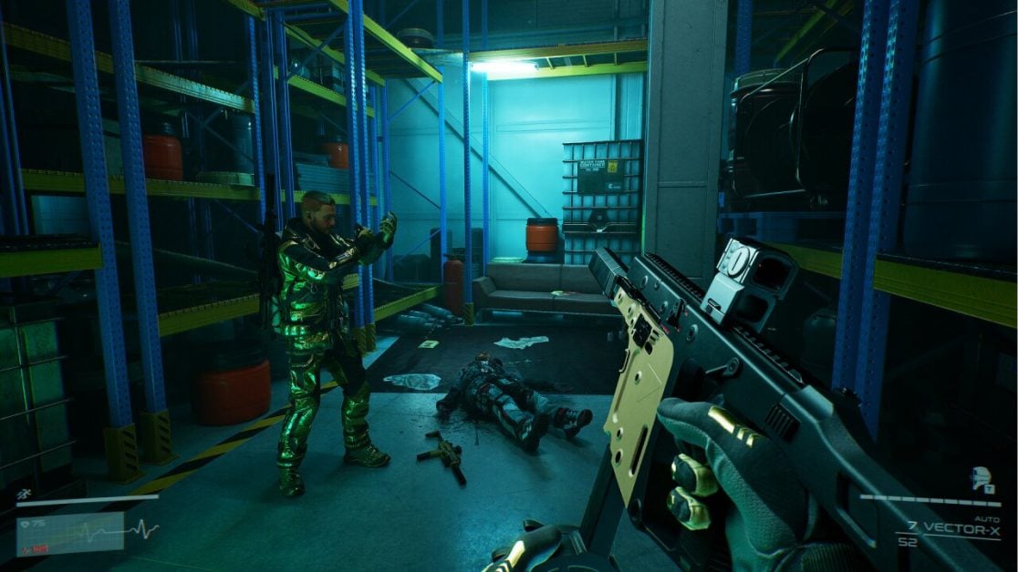 Armed soldiers in a warehouse with one enemy down in Level Zero