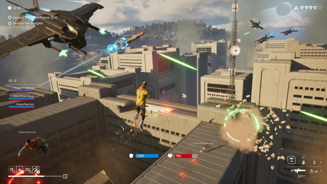 Intense rooftop battle with characters and spacecraft in futuristic city