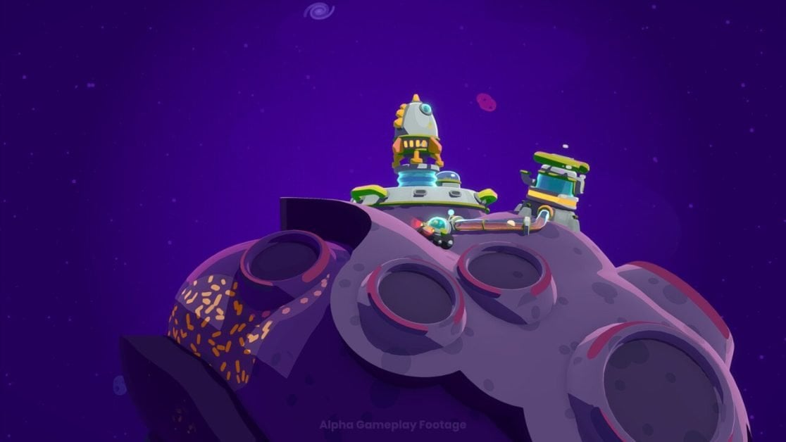 Spaceship and robot on a purple, cratered alien planet