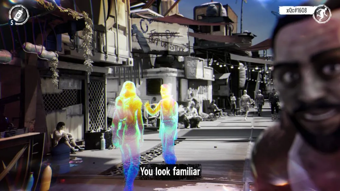 Two colorful figures walking in a bustling market street