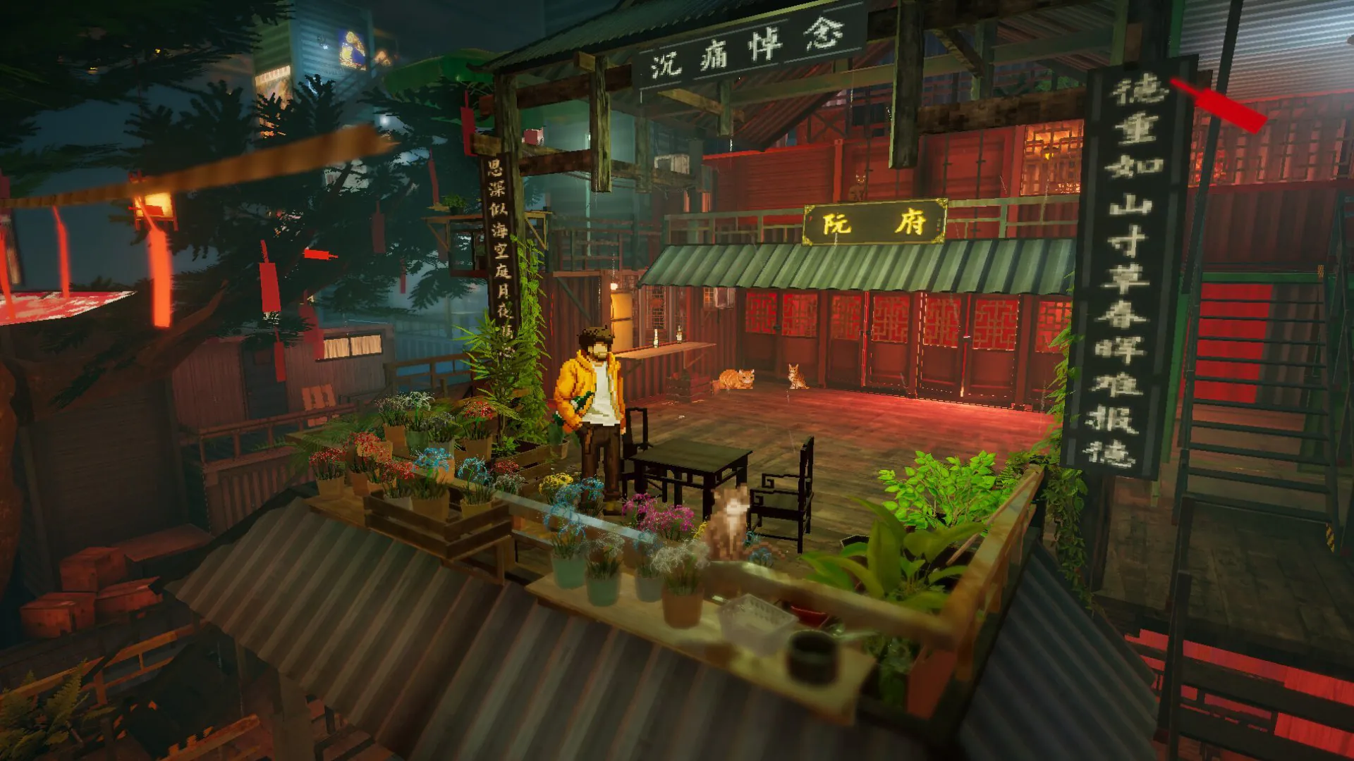 A character standing near potted plants on a colorful balcony