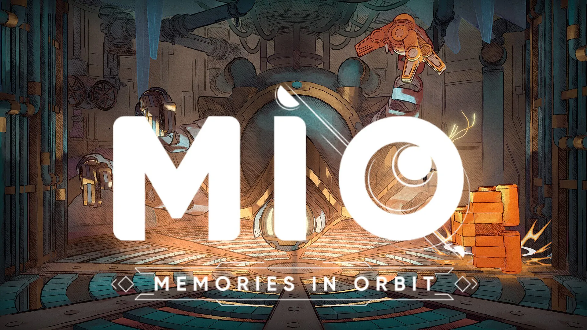 The MIO: Memories in Orbit title screen features futuristic machinery