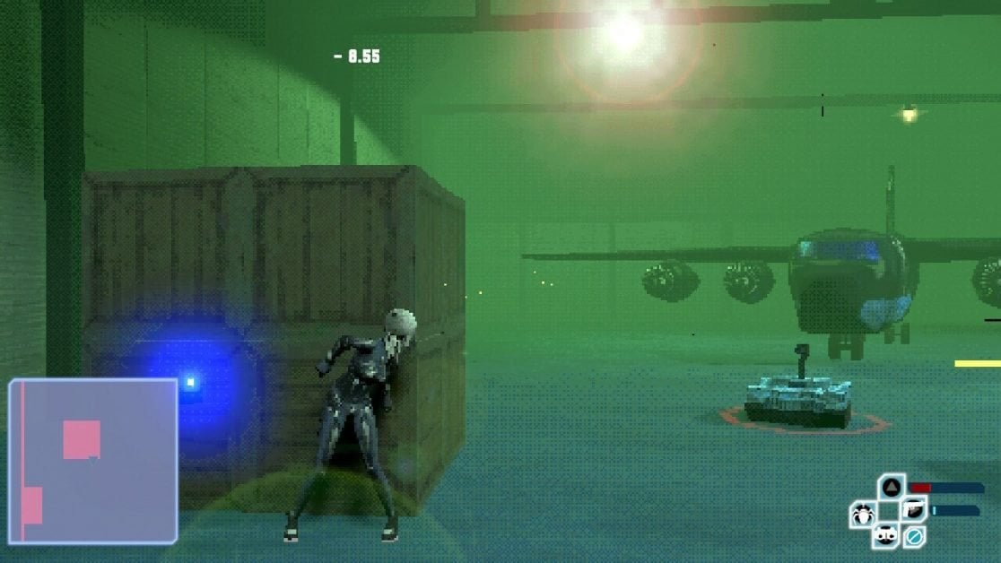 A spy hides behind a crate near an aircraft in Spy Drops