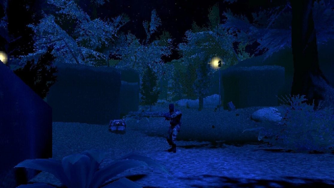 A soldier patrols a dark forest area