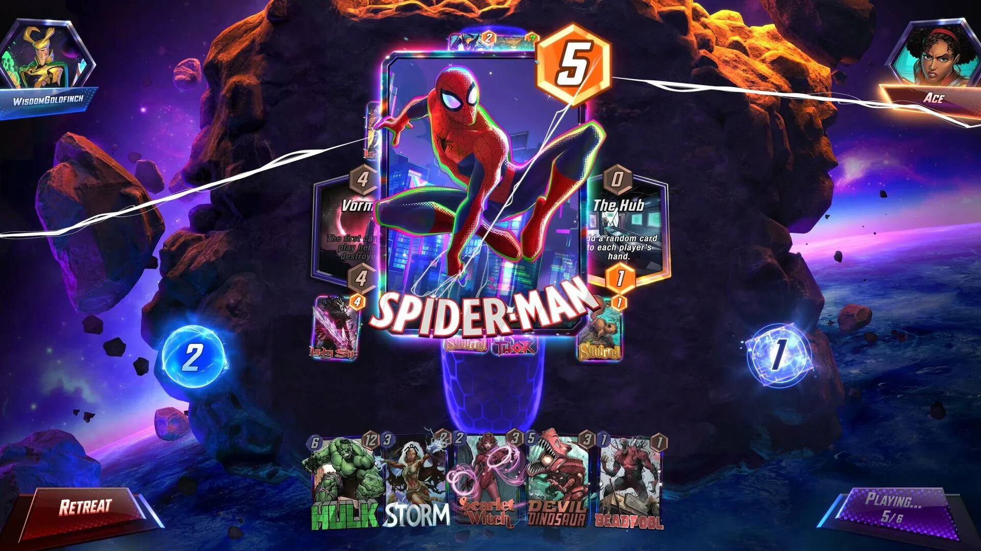 A superhero-themed card battler game featuring Spider-Man and various Marvel characters
