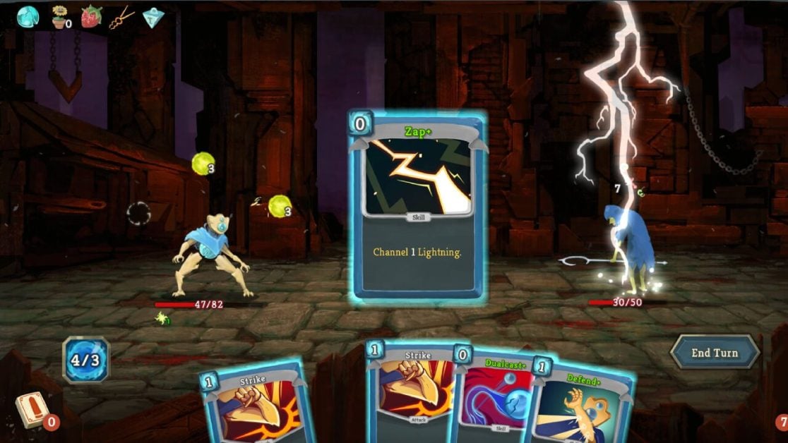 A turn-based card battle with characters channeling lightning attacks