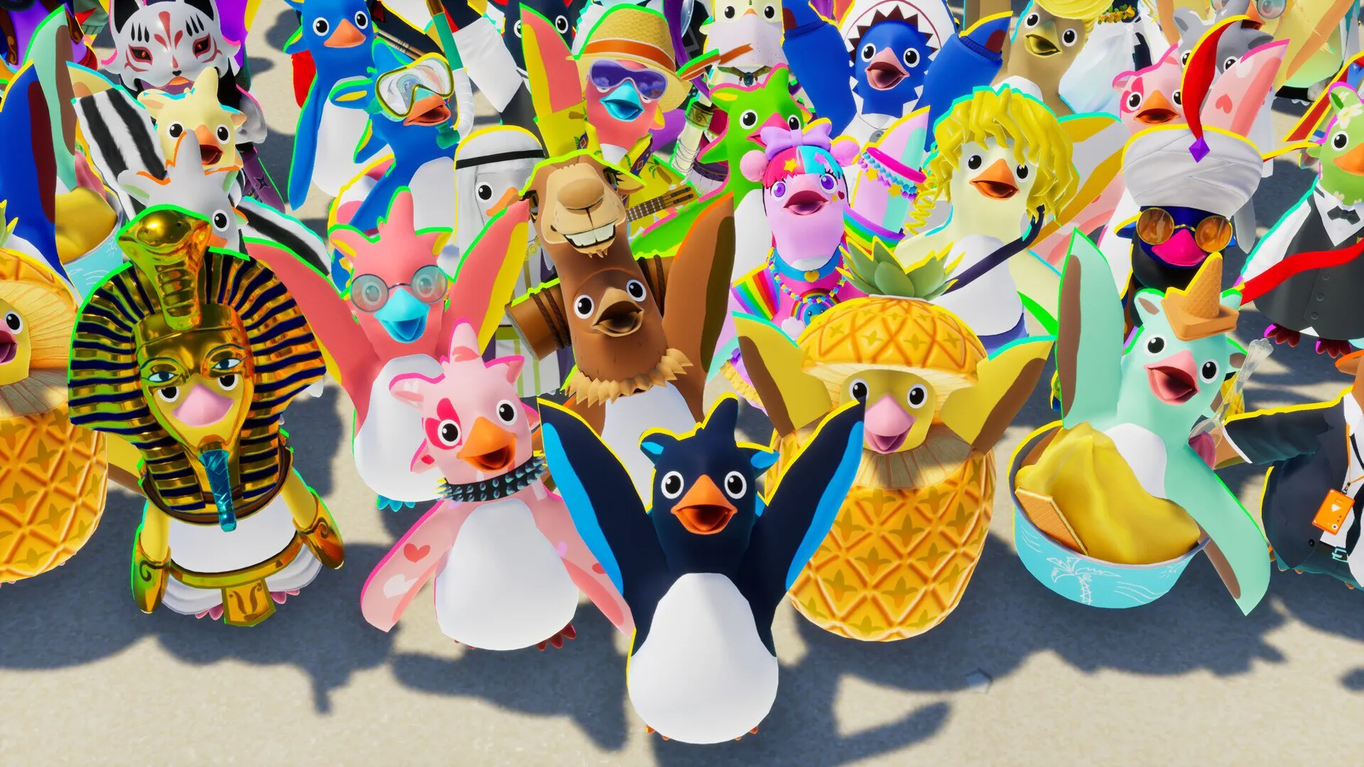 A colorful crowd of penguins dressed in Faaast Penguin