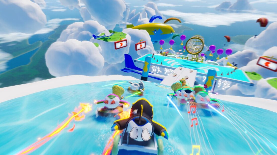 Penguins racing down a colorful water slide in the sky