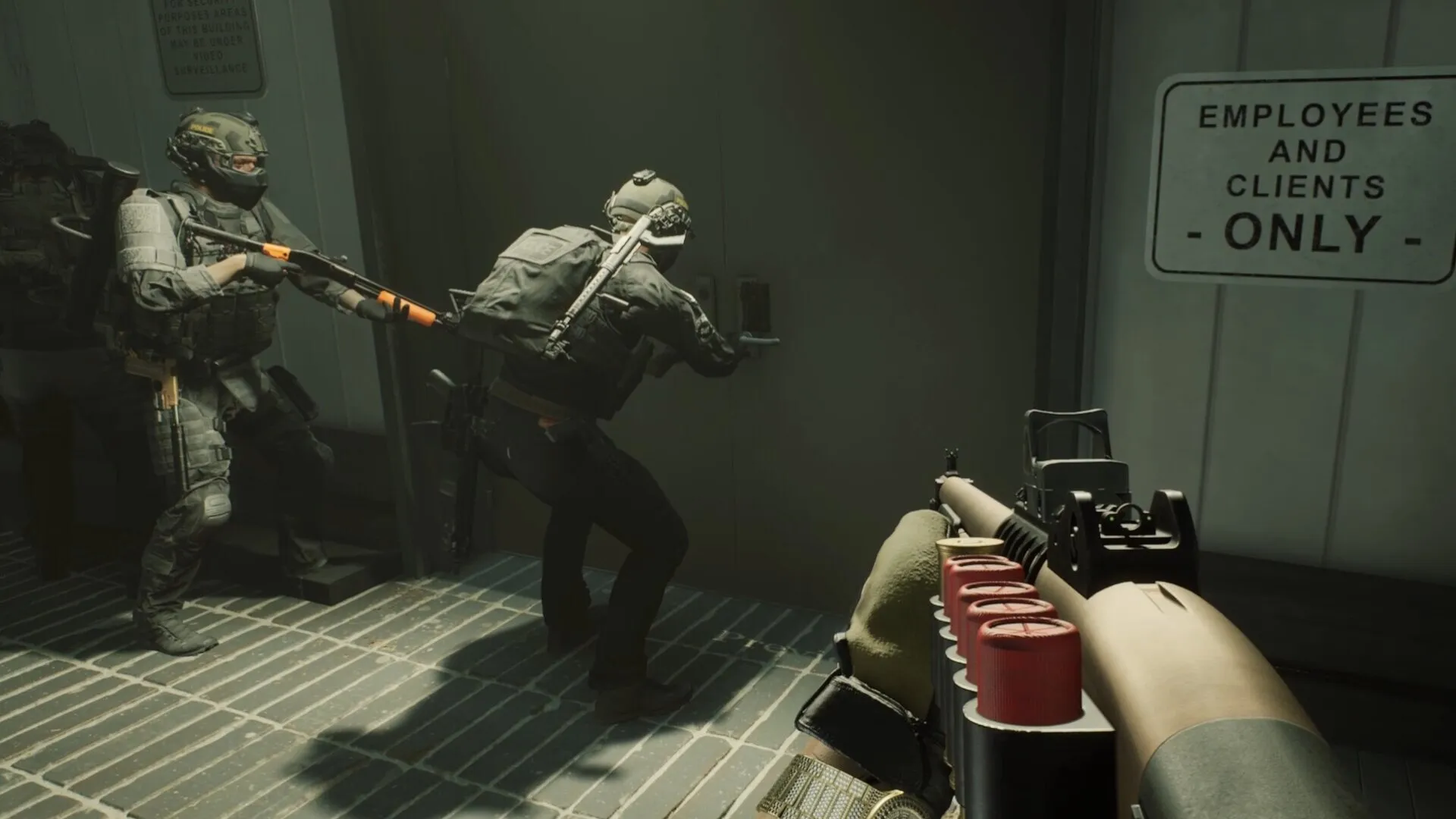 Tactical soldiers prepare to breach a secured door in a game like VLADiK BRUTAL