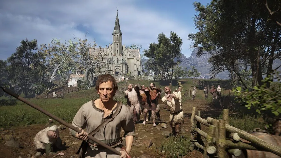 A determined man leads fleeing villagers away from a distant church in God Save Birmingham