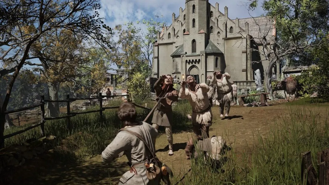 Terrified villagers flee from danger in front of an ancient church