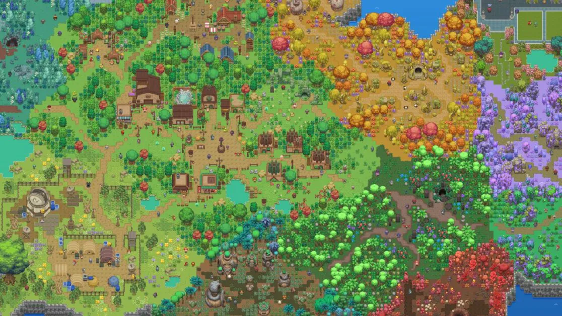Colorful pixel art map featuring diverse environments buildings and nature zones