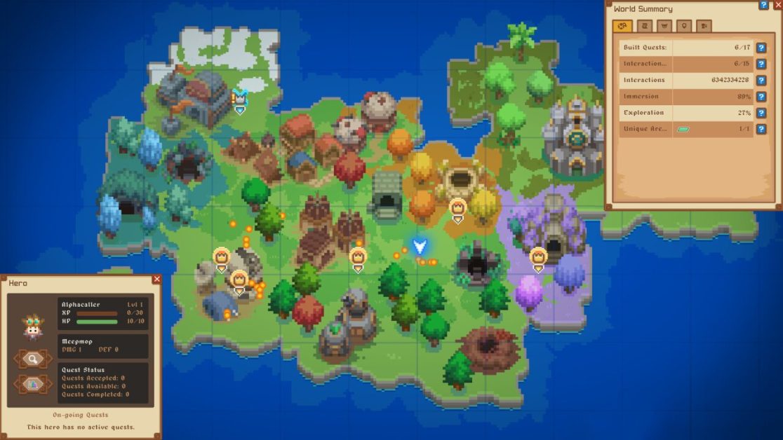 Pixelated world map showing various regions quests and character information