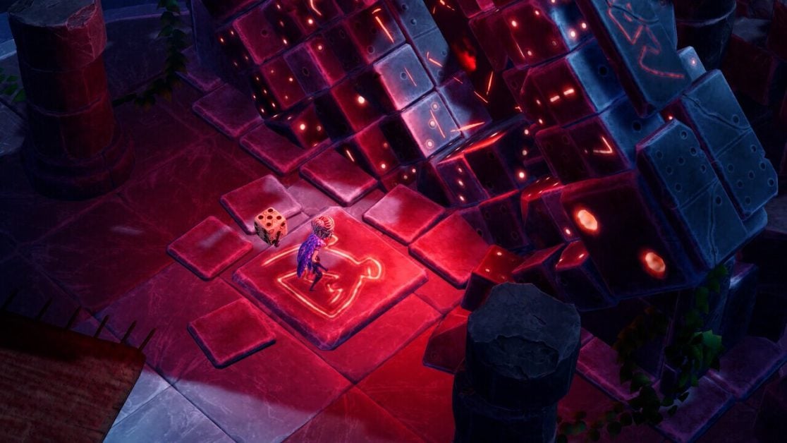 A character stands on a glowing platform beside a dice companion