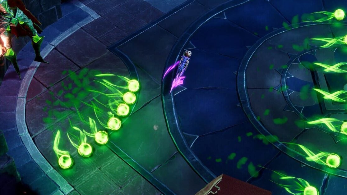 A character dodges green projectiles while moving through a circular arena